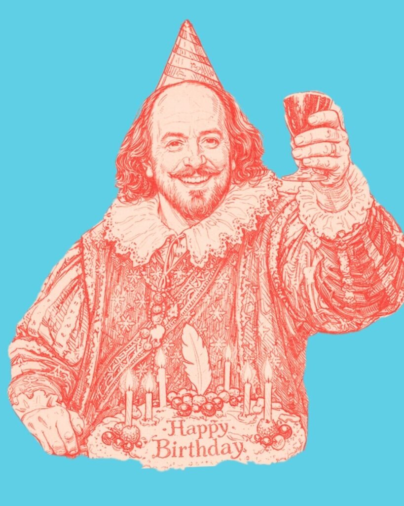 William Shakespeare looking toward the viewer, raising a toast, with a birthday cake in front of him.